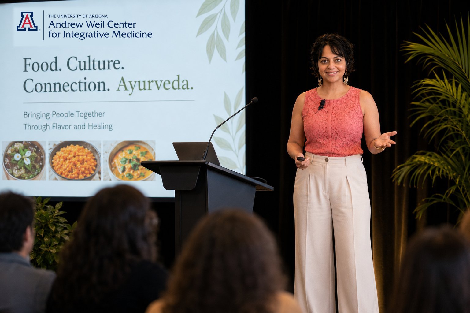 Amita Nathwani speaking on Ayurveda at the Andrew Weil Center for Integrative Medicine
